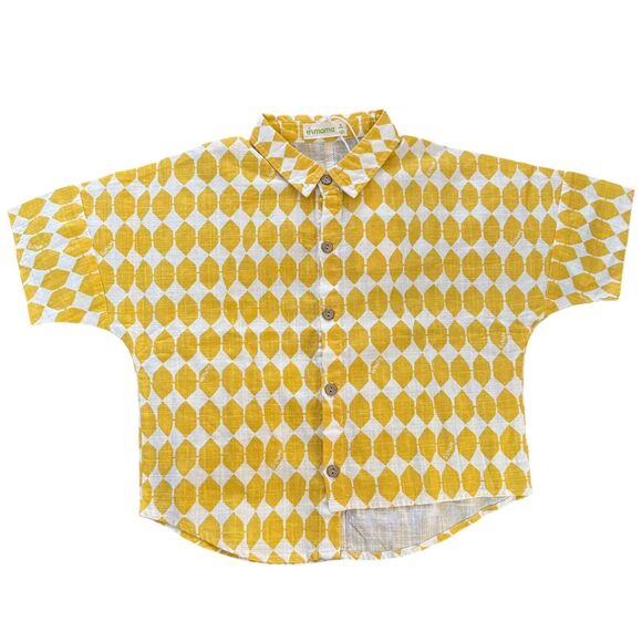 NWT Aimama Yellow Geo Print Asymmetrical Hem Button Front Short Sleeve Shirt S 6 - Picture 1 of 9